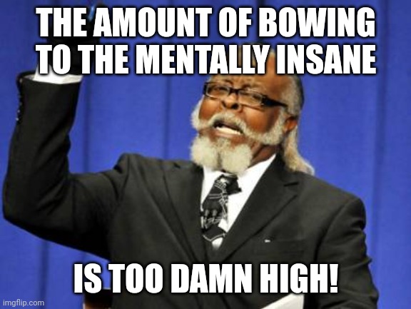 The problem with our society is we give power to those who need mental help. Instead of getting them help we condone it. | THE AMOUNT OF BOWING TO THE MENTALLY INSANE; IS TOO DAMN HIGH! | image tagged in memes,too damn high | made w/ Imgflip meme maker