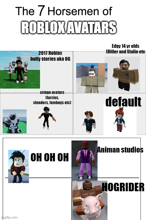 Four horsemen | 7; ROBLOX AVATARS; Edgy 14 yr olds (Hitler and Stalin etc; 2017 Roblox bully stories aka OG; cringe avatars (furries, slenders, femboys etc); default; Animan studios; OH OH OH; HOGRIDER | image tagged in four horsemen | made w/ Imgflip meme maker