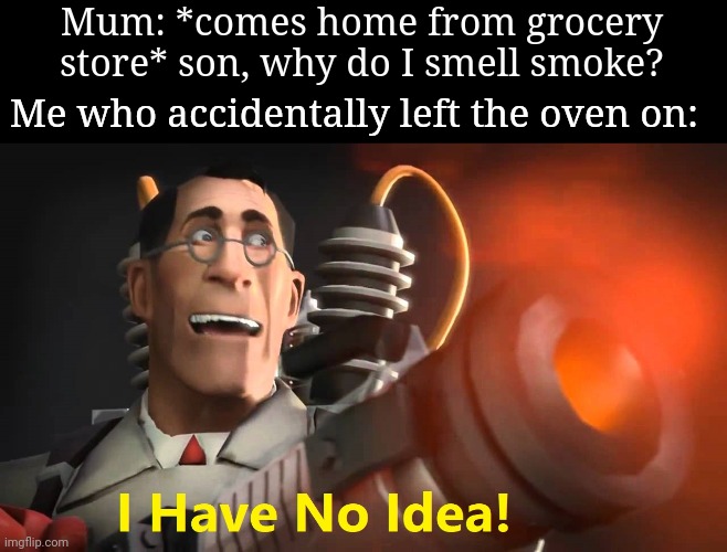 I burned the house down >:) | Mum: *comes home from grocery store* son, why do I smell smoke? Me who accidentally left the oven on: | image tagged in i have no idea medic version,memes,relatable memes,fire,funny,oven | made w/ Imgflip meme maker