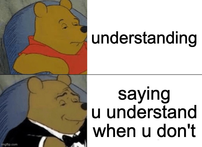 Tuxedo Winnie The Pooh Meme | understanding; saying u understand when u don't | image tagged in memes,tuxedo winnie the pooh | made w/ Imgflip meme maker
