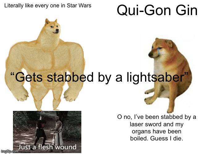 How did only he die | Literally like every one in Star Wars; Qui-Gon Gin; “Gets stabbed by a lightsaber”; O no, I’ve been stabbed by a laser sword and my organs have been boiled. Guess I die. | image tagged in memes,buff doge vs cheems | made w/ Imgflip meme maker