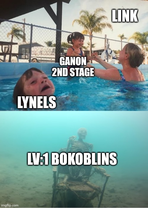 Swimming Pool Kids | LINK; GANON 2ND STAGE; LYNELS; LV:1 BOKOBLINS | image tagged in swimming pool kids | made w/ Imgflip meme maker