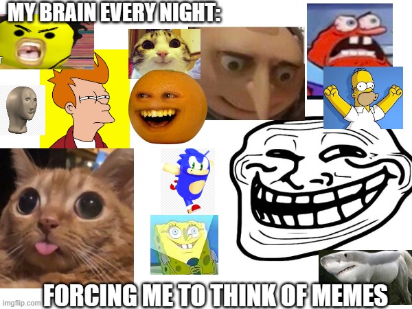My brain at night: | MY BRAIN EVERY NIGHT:; FORCING ME TO THINK OF MEMES | image tagged in funny memes | made w/ Imgflip meme maker