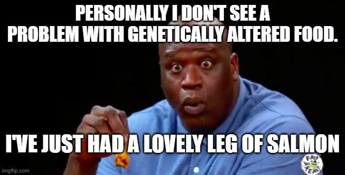 surprised shaq | PERSONALLY I DON'T SEE A PROBLEM WITH GENETICALLY ALTERED FOOD. I'VE JUST HAD A LOVELY LEG OF SALMON | image tagged in surprised shaq | made w/ Imgflip meme maker