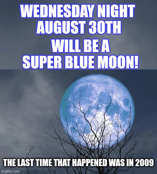 DON'T MISS THIS RARE OCCURRENCE | WEDNESDAY NIGHT 
AUGUST 30TH; WILL BE A SUPER BLUE MOON! THE LAST TIME THAT HAPPENED WAS IN 2009 | image tagged in full moon,the moon,blue moon | made w/ Imgflip meme maker