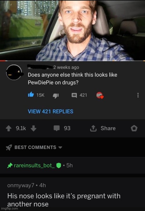 #3,433 | image tagged in comments,roasted,insults,pewdiepie,nose,pregnant | made w/ Imgflip meme maker
