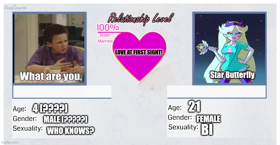 Star Butterfly 4 [????] MALE [?????] WHO KNOWS? 21 FEMALE BI LOVE AT FIRST SIGHT! | made w/ Imgflip meme maker