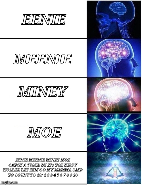 Expanding Brain 5 Panel | EENIE; MEENIE; MINEY; MOE; EENIE MEENIE MINEY MOE CATCH A TIGER BY ITS TOE HIPPY HOLLER LET HIM GO MY MAMMA SAID TO COUNT TO 10; 1 2 3 4 5 6 7 8 9 10 | image tagged in expanding brain 5 panel | made w/ Imgflip meme maker