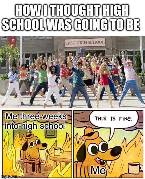 This year is my freshman year and idk if I should leave the middle school stream | HOW I THOUGHT HIGH SCHOOL WAS GOING TO BE; Me three weeks into high school; Me | image tagged in high school musical,memes,this is fine,school,high school | made w/ Imgflip meme maker