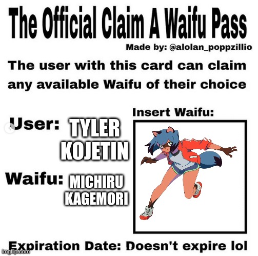 my waifu don't juge me | TYLER KOJETIN; MICHIRU KAGEMORI | image tagged in official claim a waifu pass | made w/ Imgflip meme maker