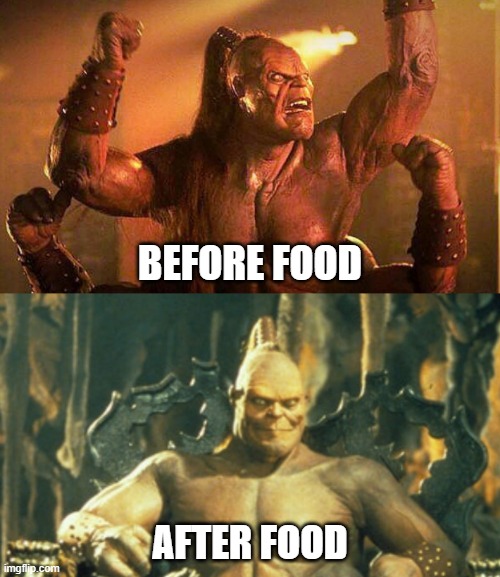 Goro wants food | BEFORE FOOD; AFTER FOOD | image tagged in goro,goro wants food,goro mortal kombat,mortal kombat | made w/ Imgflip meme maker