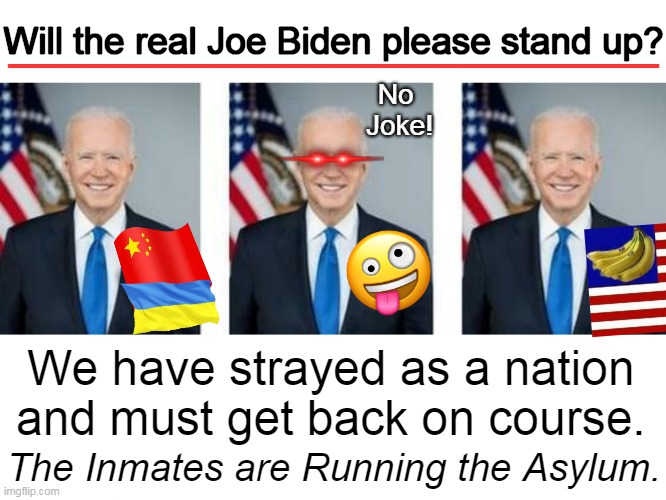 When Low Intelligence Meets Artificial Intelligence, What Could Go Wrong? | Will the real Joe Biden please stand up? __________________________; No 
Joke! We have strayed as a nation 
and must get back on course. The Inmates are Running the Asylum. | image tagged in politics,joe biden,made in china,ukraine,government corruption,political humor | made w/ Imgflip meme maker