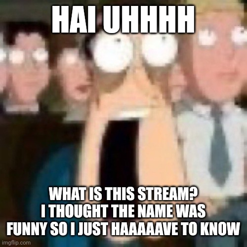 Quagmire gasp | HAI UHHHH; WHAT IS THIS STREAM? I THOUGHT THE NAME WAS FUNNY SO I JUST HAAAAAVE TO KNOW | image tagged in quagmire gasp | made w/ Imgflip meme maker