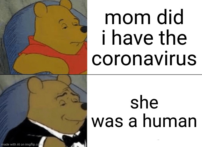Tuxedo Winnie The Pooh | mom did i have the coronavirus; she was a human | image tagged in memes,tuxedo winnie the pooh | made w/ Imgflip meme maker