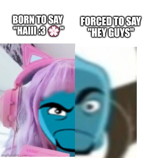 Haiii :3 | FORCED TO SAY
"HEY GUYS"; BORN TO SAY 
"HAIII :3 💮" | made w/ Imgflip meme maker