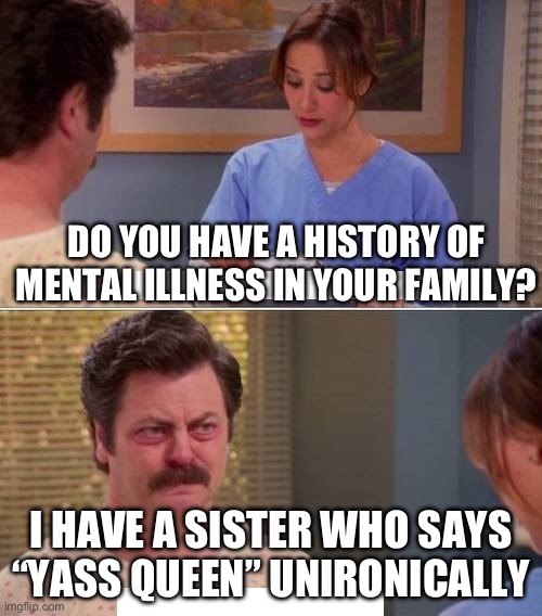 ron swanson mental illness | DO YOU HAVE A HISTORY OF MENTAL ILLNESS IN YOUR FAMILY? I HAVE A SISTER WHO SAYS “YASS QUEEN” UNIRONICALLY | image tagged in ron swanson mental illness | made w/ Imgflip meme maker