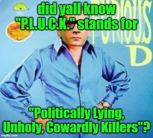 FURIOUS D | did yall know "P.L.U.C.K." stands for; "Politically Lying, Unholy, Cowardly Killers"? | image tagged in furious d | made w/ Imgflip meme maker