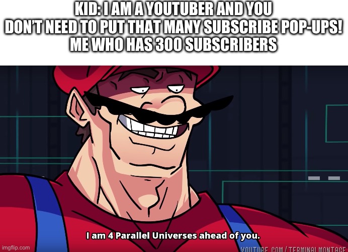 An actually funny meme | KID: I AM A YOUTUBER AND YOU DON’T NEED TO PUT THAT MANY SUBSCRIBE POP-UPS!
ME WHO HAS 300 SUBSCRIBERS | image tagged in mario i am four parallel universes ahead of you | made w/ Imgflip meme maker