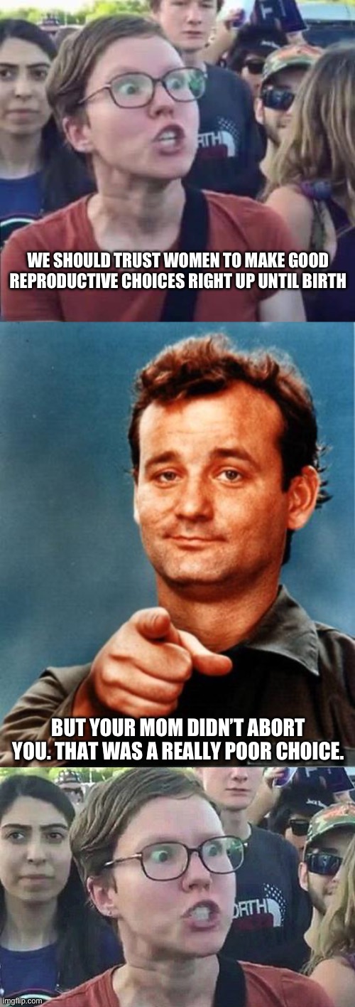 The problem is liberals never want to lead by example. | WE SHOULD TRUST WOMEN TO MAKE GOOD REPRODUCTIVE CHOICES RIGHT UP UNTIL BIRTH; BUT YOUR MOM DIDN’T ABORT YOU. THAT WAS A REALLY POOR CHOICE. | image tagged in angry liberal,bill murray,triggered liberal,funny memes,politics,abortion | made w/ Imgflip meme maker