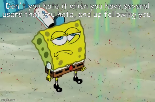 . | Don't you hate it when you have several users that you hate, end up following you. | image tagged in spongebob not scared | made w/ Imgflip meme maker