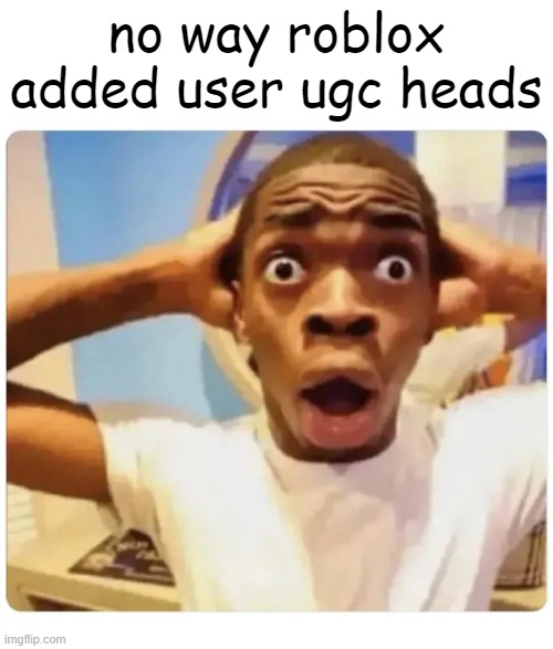 Black guy suprised | no way roblox added user ugc heads | image tagged in black guy suprised | made w/ Imgflip meme maker