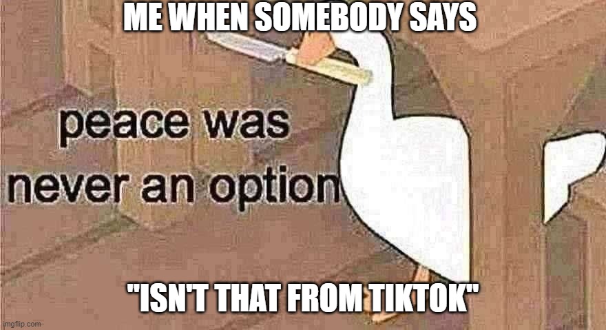 I swear though | ME WHEN SOMEBODY SAYS; "ISN'T THAT FROM TIKTOK" | image tagged in untitled goose peace was never an option | made w/ Imgflip meme maker