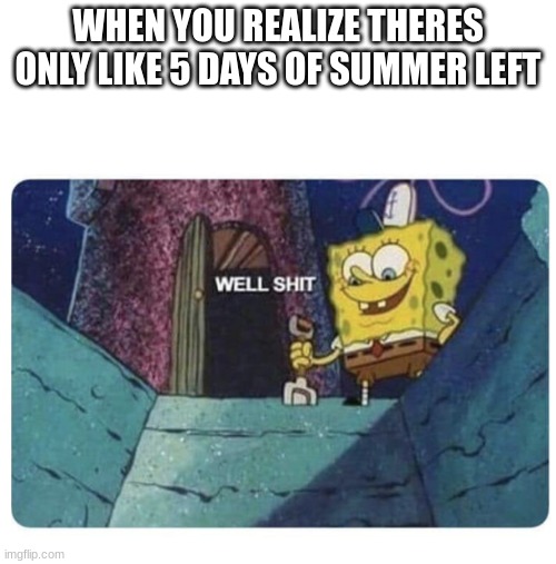 im a very sad :( | WHEN YOU REALIZE THERES ONLY LIKE 5 DAYS OF SUMMER LEFT | image tagged in well shit spongebob edition | made w/ Imgflip meme maker