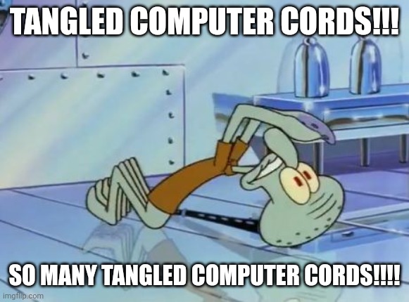 Tangled computer cords!!!!!!! | TANGLED COMPUTER CORDS!!! SO MANY TANGLED COMPUTER CORDS!!!! | image tagged in squidward future,frustration,visible frustration | made w/ Imgflip meme maker