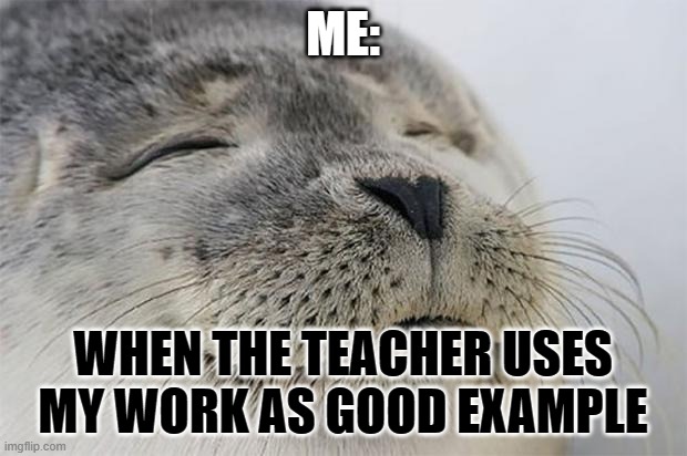 Life | ME:; WHEN THE TEACHER USES MY WORK AS GOOD EXAMPLE | image tagged in memes,satisfied seal | made w/ Imgflip meme maker