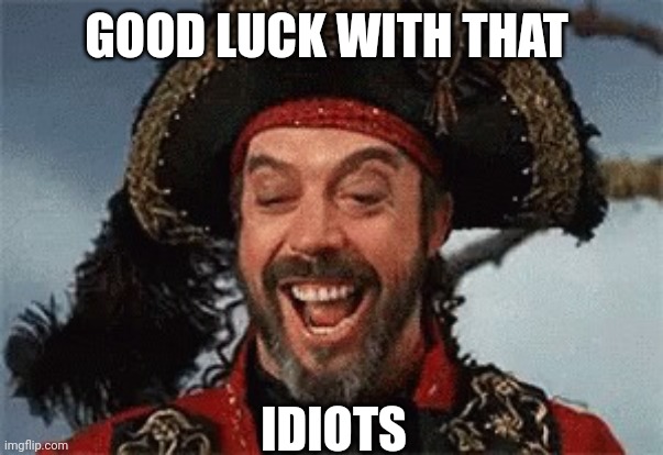 TIM CURRY PIRATE | GOOD LUCK WITH THAT IDIOTS | image tagged in tim curry pirate | made w/ Imgflip meme maker