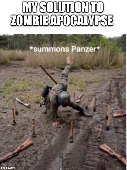 *summons panzer* | MY SOLUTION TO ZOMBIE APOCALYPSE | image tagged in summons panzer,zombie apocalypse,memes,me and the boys | made w/ Imgflip meme maker