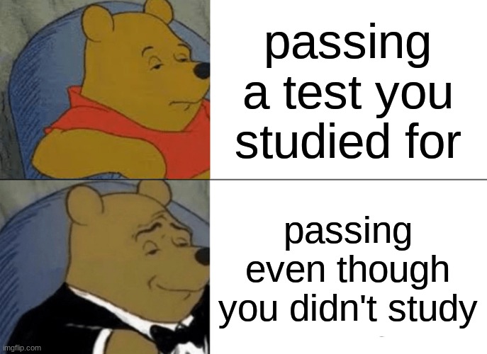 I never study | passing a test you studied for; passing even though you didn't study | image tagged in memes,tuxedo winnie the pooh,sad pablo escobar,1 trophy,gifs,school | made w/ Imgflip meme maker