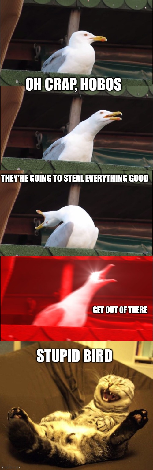 OH CRAP, HOBOS; THEY'RE GOING TO STEAL EVERYTHING GOOD; GET OUT OF THERE; STUPID BIRD | image tagged in memes,inhaling seagull,laughing cat | made w/ Imgflip meme maker