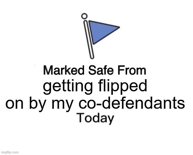 Marked Safe From | getting flipped on by my co-defendants | image tagged in memes,marked safe from | made w/ Imgflip meme maker