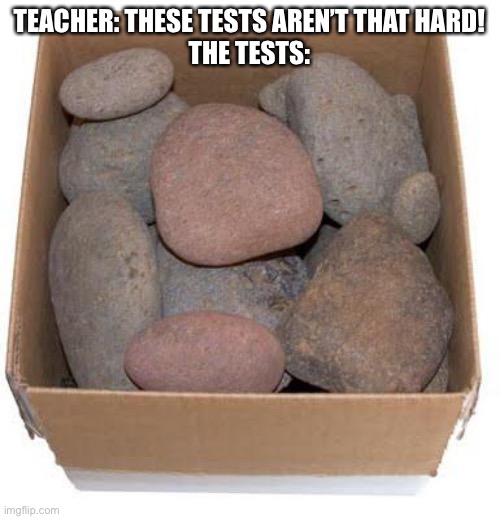 Get it? Cuz rocks are like… hard and… | TEACHER: THESE TESTS AREN’T THAT HARD!
THE TESTS: | image tagged in box of rocks | made w/ Imgflip meme maker
