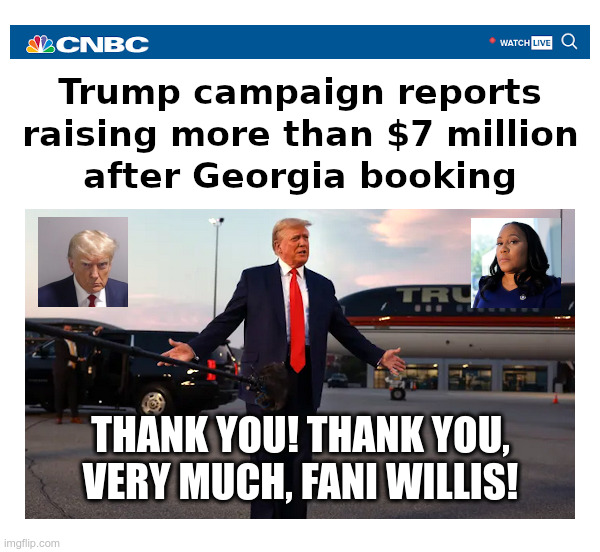 Trump Makes $7 Million Off Mugshot Photo! | image tagged in donald trump,mugshot,millions,thank you,fani willis,backfire | made w/ Imgflip meme maker