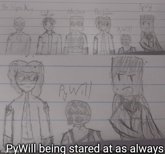 Current Mercs for Teamflip 2, added Five for the soldier as my final insert, Demo and Spry are Mystery's, Lian is Rotisserie's | PyWill being stared at as always | made w/ Imgflip meme maker