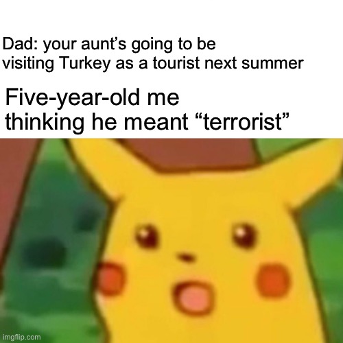 true story | Dad: your aunt’s going to be visiting Turkey as a tourist next summer; Five-year-old me thinking he meant “terrorist” | image tagged in memes,surprised pikachu,funny,tourist,terrorist,real story | made w/ Imgflip meme maker