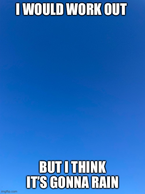 And yes that is the sky | I WOULD WORK OUT; BUT I THINK IT’S GONNA RAIN | image tagged in workout,funny memes | made w/ Imgflip meme maker