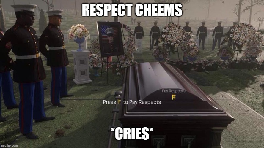 I'm still sad about this.It's been stuck in my meemory | RESPECT CHEEMS; *CRIES* | image tagged in press f to pay respects,cries | made w/ Imgflip meme maker