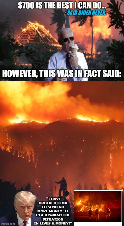 Better response than a previous administration. | - SAID BIDEN NEVER. HOWEVER, THIS WAS IN FACT SAID:; “I HAVE ORDERED FEMA TO SEND NO MORE MONEY. IT IS A DISGRACEFUL SITUATION IN LIVES & MONEY!” | image tagged in california wildfire,trump,biden,fires,maui,dumptrump | made w/ Imgflip meme maker