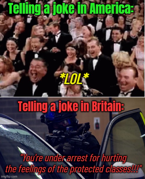 Telling a joke in America:; *LOL*; Telling a joke in Britain:; "You're under arrest for hurting the feelings of the protected classes!!!" | image tagged in uk armed police | made w/ Imgflip meme maker