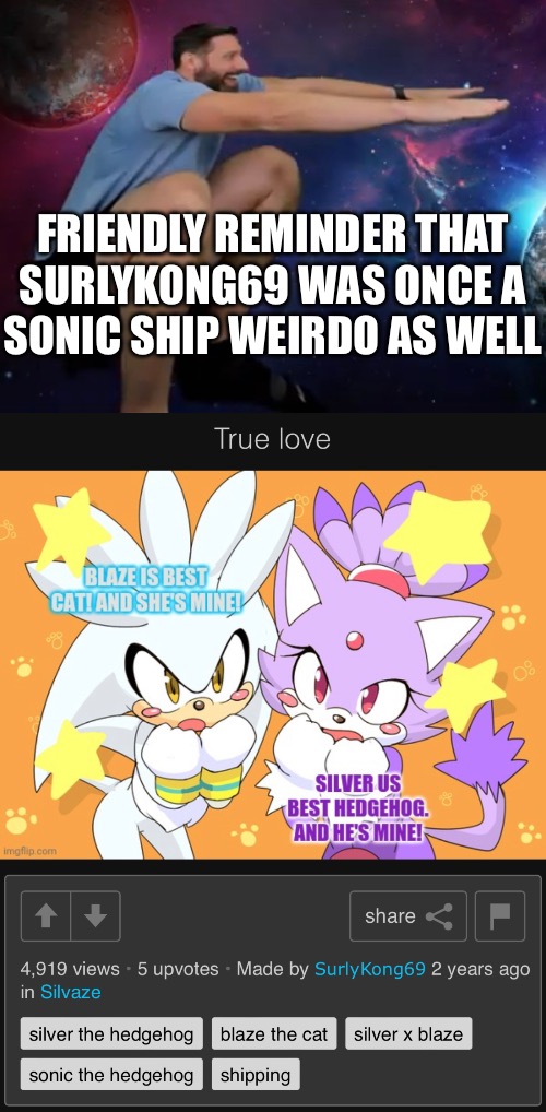 FRIENDLY REMINDER THAT
SURLYKONG69 WAS ONCE A
SONIC SHIP WEIRDO AS WELL | made w/ Imgflip meme maker