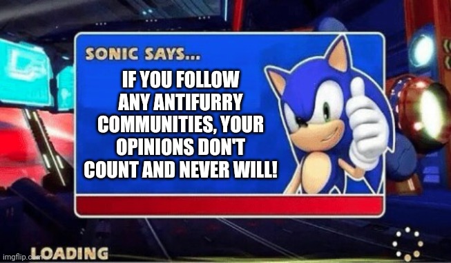 Sonic Says | IF YOU FOLLOW ANY ANTIFURRY COMMUNITIES, YOUR OPINIONS DON'T COUNT AND NEVER WILL! | image tagged in sonic says,just stop,do research | made w/ Imgflip meme maker