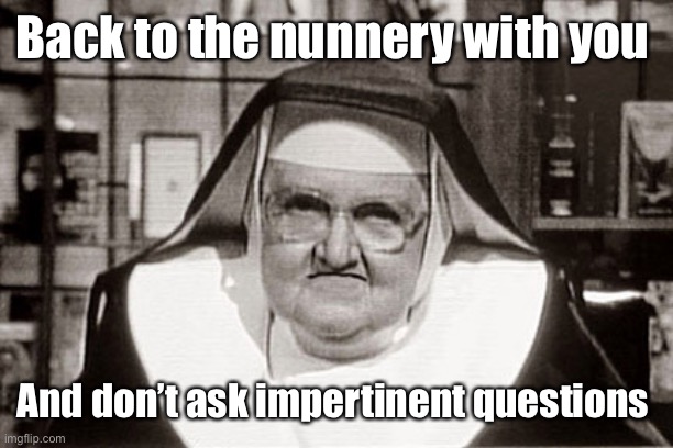 Frowning Nun Meme | Back to the nunnery with you And don’t ask impertinent questions | image tagged in memes,frowning nun | made w/ Imgflip meme maker