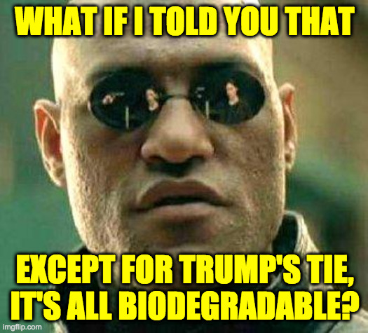 What if i told you | WHAT IF I TOLD YOU THAT EXCEPT FOR TRUMP'S TIE,
IT'S ALL BIODEGRADABLE? | image tagged in what if i told you | made w/ Imgflip meme maker