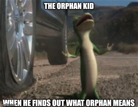 Sad Geico Lizard | THE ORPHAN KID WHEN HE FINDS OUT WHAT ORPHAN MEANS | image tagged in sad geico lizard | made w/ Imgflip meme maker