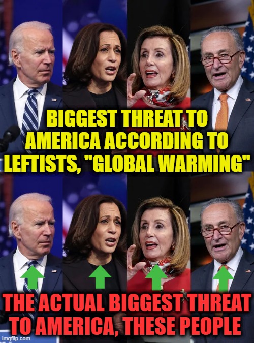 Biggest threat to America according to leftists, "Global warming" | BIGGEST THREAT TO AMERICA ACCORDING TO LEFTISTS, "GLOBAL WARMING"; THE ACTUAL BIGGEST THREAT TO AMERICA, THESE PEOPLE | image tagged in political meme,global warming hoax,radical left policies,liberalism decays societies from within,bidenomics destroys | made w/ Imgflip meme maker