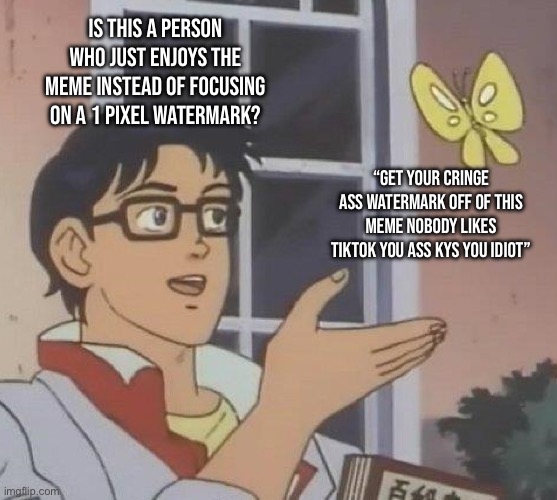 They just annoy me tbh like cmon | Is this a person who just enjoys the meme instead of focusing on a 1 pixel watermark? “Get your cringe ass watermark off of this meme nobody likes TikTok you ass kys you idiot” | image tagged in memes,is this a pigeon | made w/ Imgflip meme maker