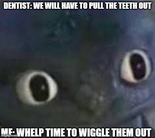 you might try to pull them out but I will wiggle them out first! | DENTIST: WE WILL HAVE TO PULL THE TEETH OUT; ME: WHELP TIME TO WIGGLE THEM OUT | image tagged in toothless _ face | made w/ Imgflip meme maker